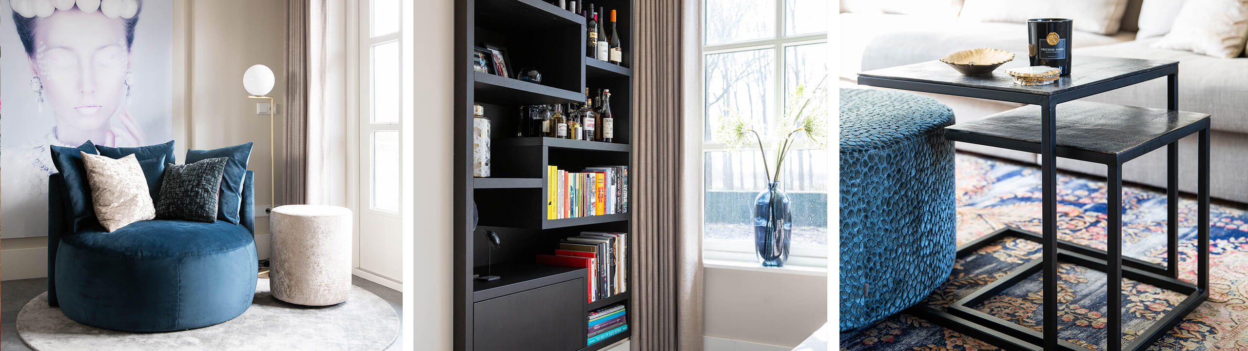Luxe inrichting ronde fauteuil en zwarte vakkenkast