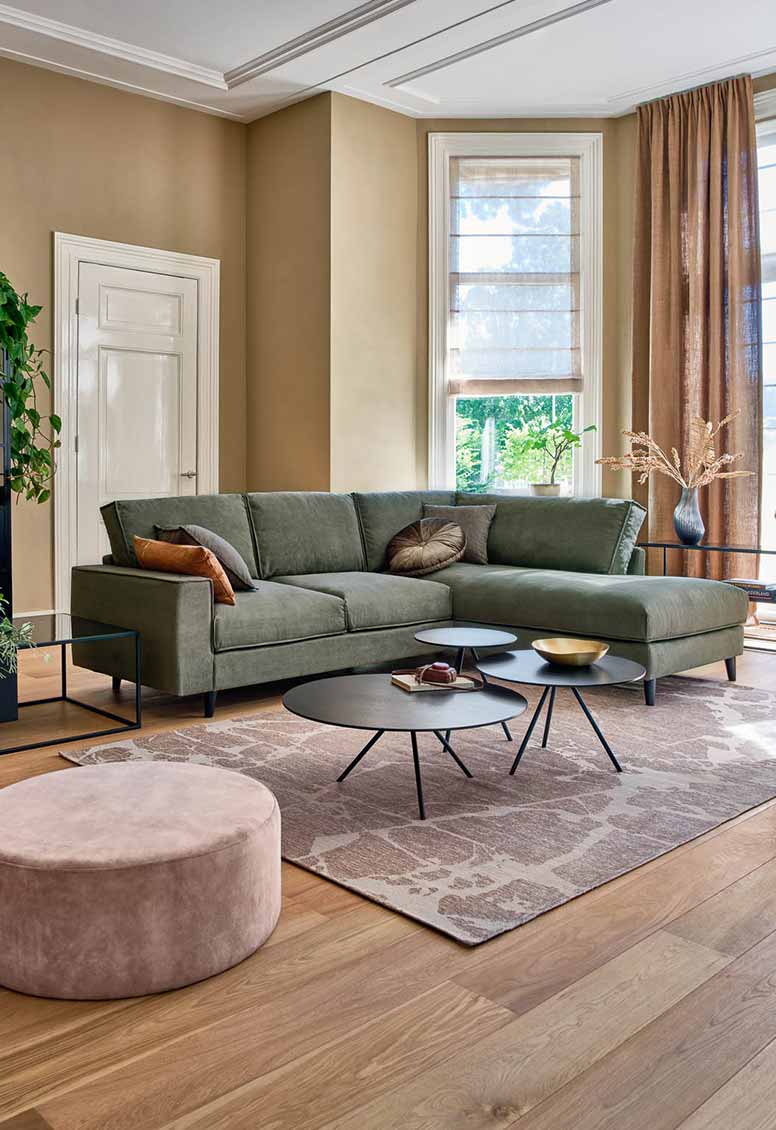 Een woonkamer in aardetinten