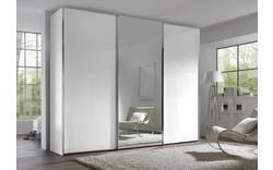 Slaapkamerkast 249 cm breed, 222 cm hoog, 2 glas schuifdeuren en 1 spiegel schuifdeur midden
